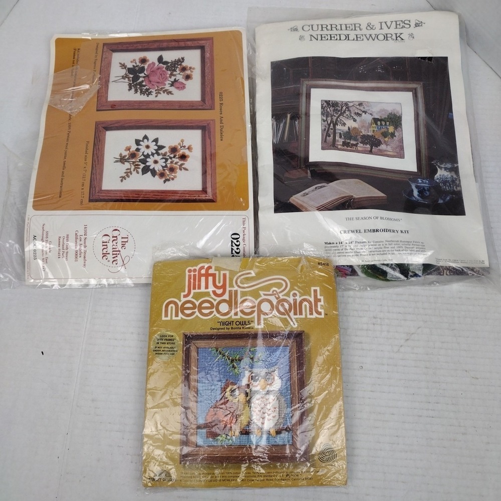 The Creative Circle Currier & Ives Jiffy  Lot Of 3 Needlepoint Kits Open & New